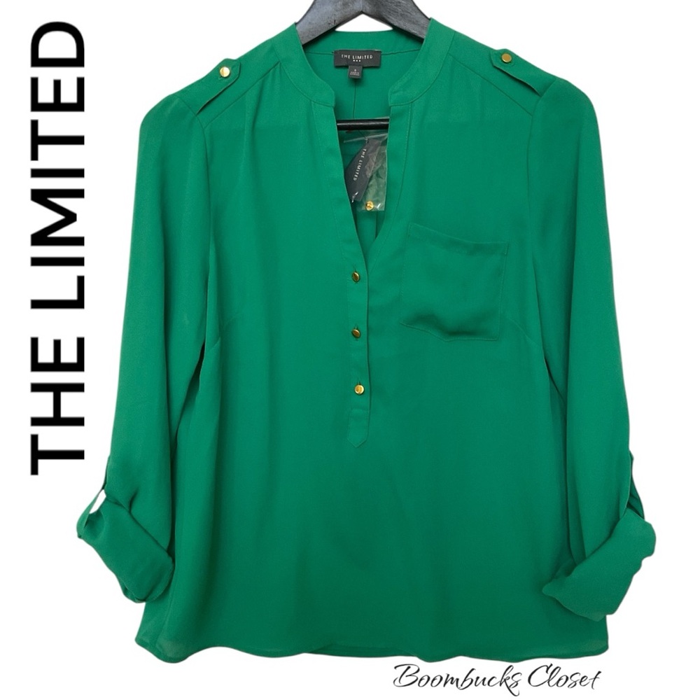 New The Limited Green Long Sleeves Gold Button Quarter button down v neck.